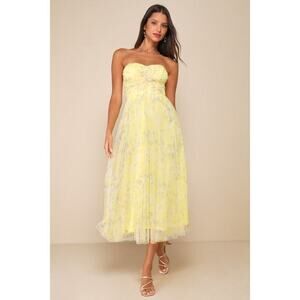 Lulus Perfect Whimsy Yellow Floral Mesh Strapless Midi Dress - Size XL